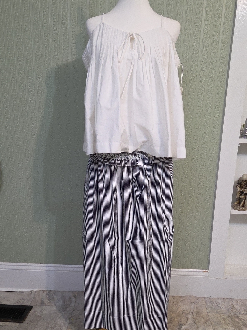 White Cotton Crop Blouse and Navy Pinstripe Maxi Skirt Set